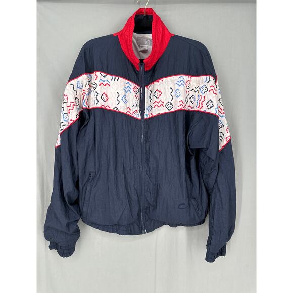 90s Vintage Jacket Womens Large Navy Blue Windbreaker Red Full Zip Retro Funnel - Picture 4 of 6